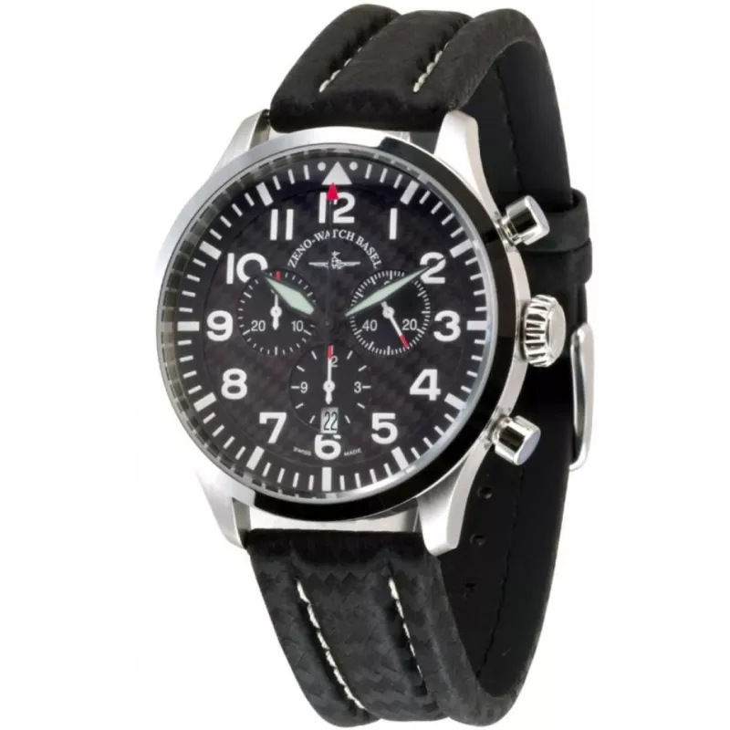 6569-5030Q-s1 Швейцарський годинник Zeno-Watch Basel Quartz, Chrono, bk carbon dial, date, bk carbon leather strap