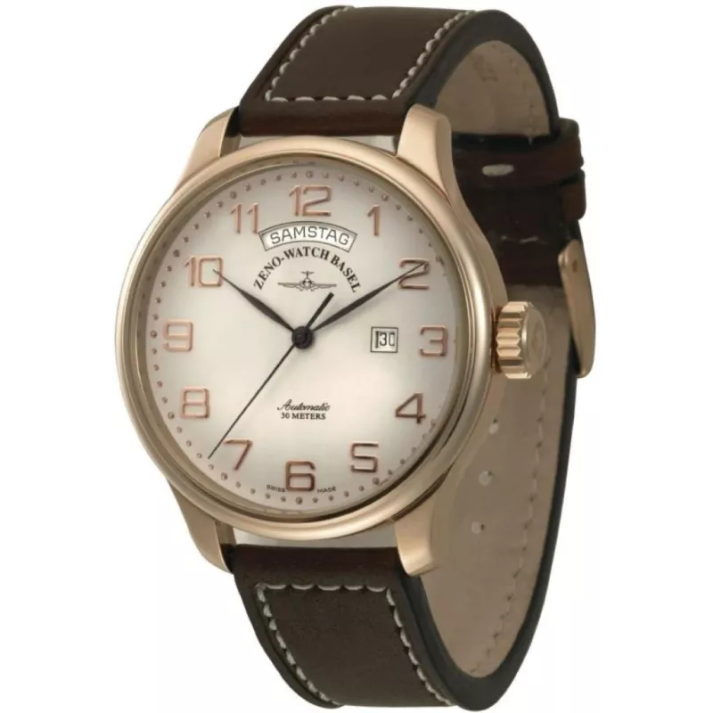 8554DD-12-Pgr-f2 Швейцарський годинник Zeno-Watch Basel XLarge, Auto, white dial, cooper fig, Day-Date, brown leather
