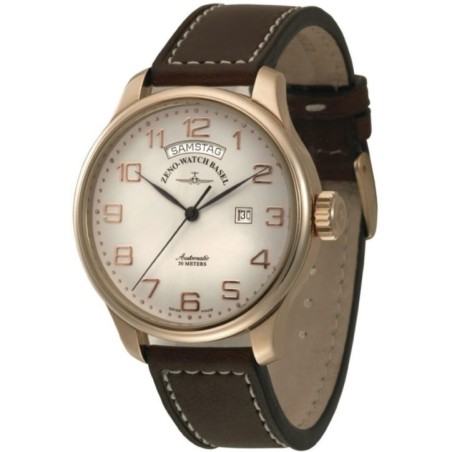 8554DD-12-Pgr-f2 Швейцарський годинник Zeno-Watch Basel XLarge, Auto, white dial, cooper fig, Day-Date, brown leather