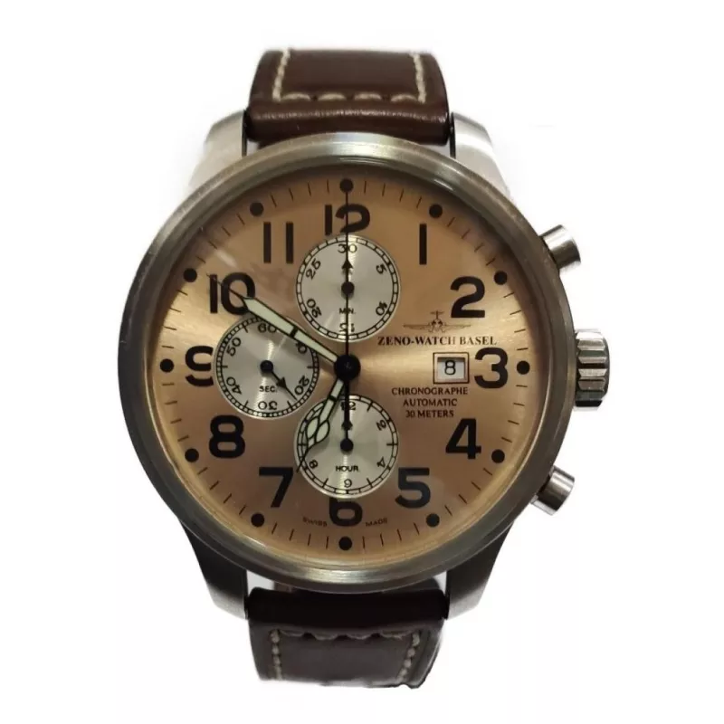 8557 Швейцарський годинник Zeno-Watch Basel, Auto., Chrono, copper dial, D, brown leather strap