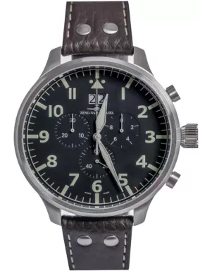 6221N-8040Q-a1 Швейцарський годинник Zeno-Watch Basel SOS Nav, Quartz, Chrono, bk dial, date, Mineral, black leather strap