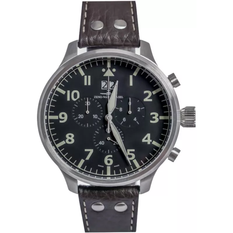 6221N-8040Q-a1 Швейцарський годинник Zeno-Watch Basel SOS Nav, Quartz, Chrono, bk dial, date, Mineral, black leather strap