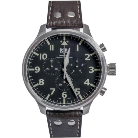 6221N-8040Q-a1 Швейцарський годинник Zeno-Watch Basel SOS Nav, Quartz, Chrono, bk dial, date, Mineral, black leather strap