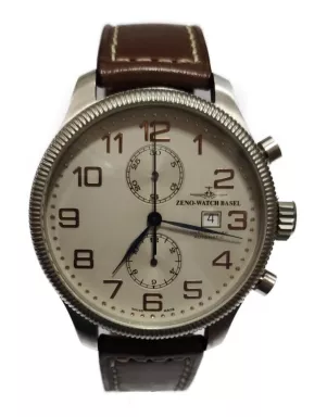 8557BVDC OS Швейцарський годинник Zeno-Watch Basel, Auto., Chrono, Goudron bezel, white dial, red fig.,, brown leather strap