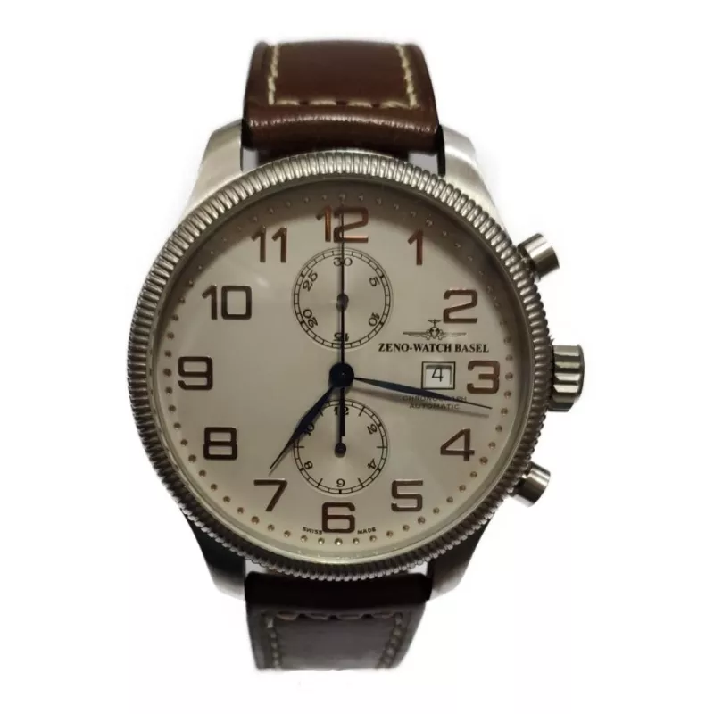 8557BVDC OS Швейцарський годинник Zeno-Watch Basel, Auto., Chrono, Goudron bezel, white dial, red fig.,, brown leather strap