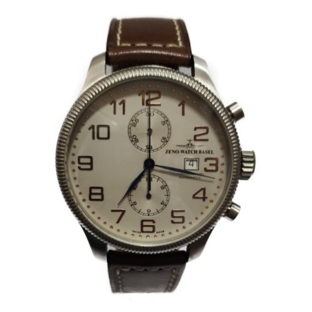8557BVDC OS Швейцарський годинник Zeno-Watch Basel, Auto., Chrono, Goudron bezel, white dial, red fig.,, brown leather strap