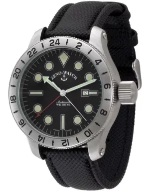 1563-a1 Швейцарський годинник Zeno-Watch Basel Jumbo GMT, Auto, bk dial, date, Mineral, black rubber strap