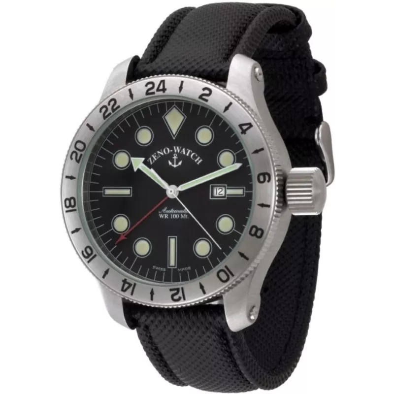1563-a1 Швейцарський годинник Zeno-Watch Basel Jumbo GMT, Auto, bk dial, date, Mineral, black rubber strap