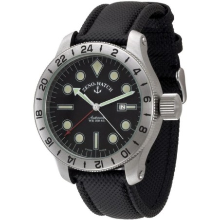 1563-a1 Швейцарський годинник Zeno-Watch Basel Jumbo GMT, Auto, bk dial, date, Mineral, black rubber strap