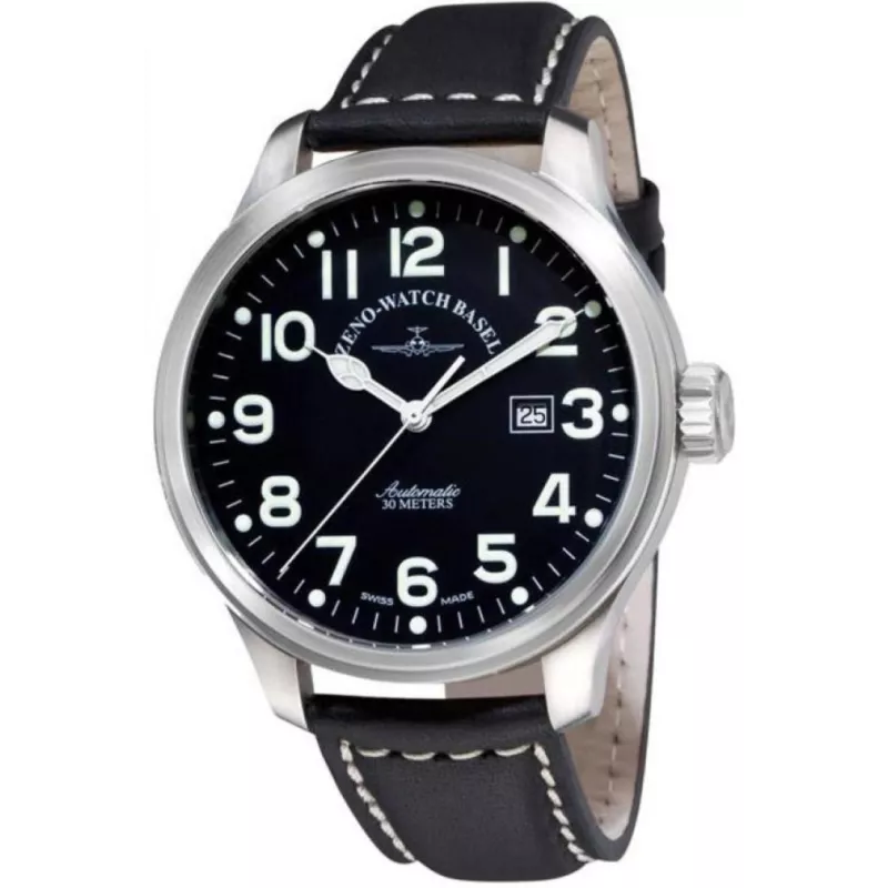 8554-a1 Швейцарський годинник Zeno-Watch Basel Auto, black dial, date, black leather strap