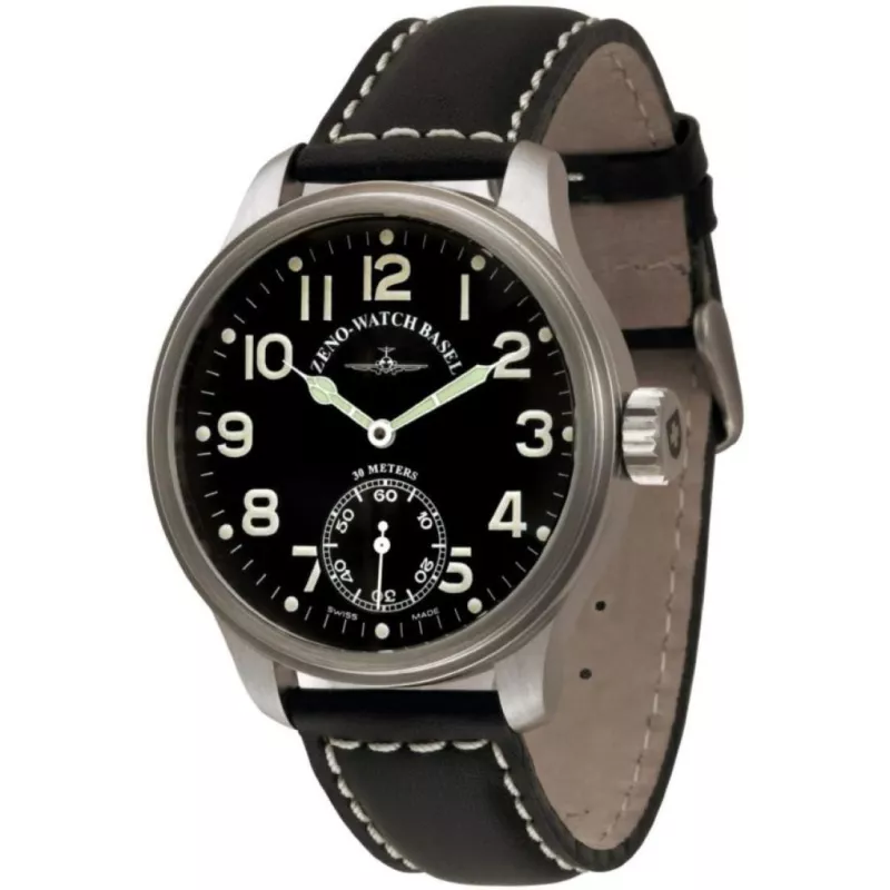 8558-6-a1 Швейцарський годинник Zeno-Watch Basel Mech, black dial, sec.6h, black leather strap