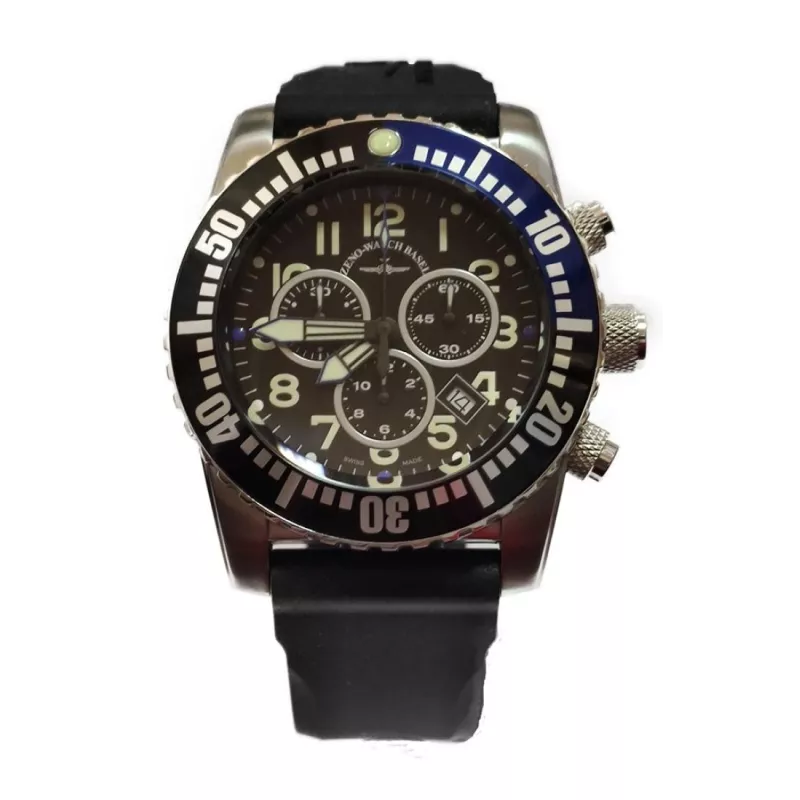 6349Q-CHR-a1-4 Швейцарський годинник Zeno-Watch Basel Diver, Quartz, Chrono, black/blue bezel, Mineral, bk rubber strap