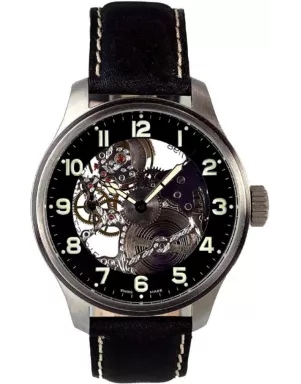 8558S-a1 Швейцарський годинник Zeno-Watch Basel OS, Mech, Skeleton, black dial, black leather strap