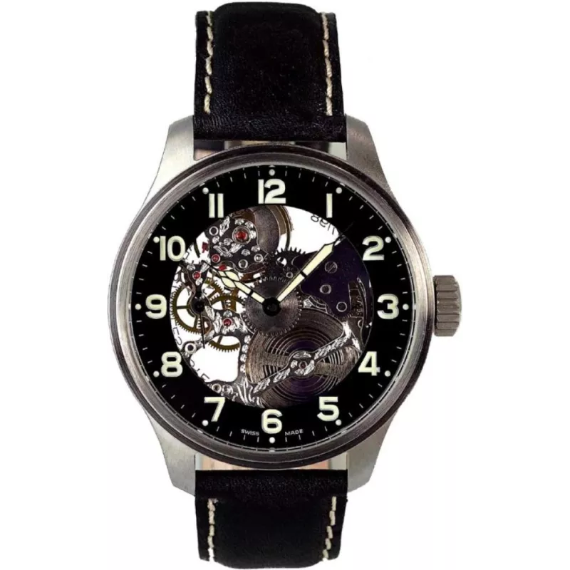 8558S-a1 Швейцарський годинник Zeno-Watch Basel OS, Mech, Skeleton, black dial, black leather strap