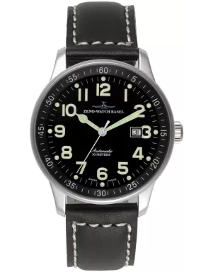 P554-a1 Швейцарський годинник Zeno-Watch Basel XLarge, Auto, black dial, date, black leather strap