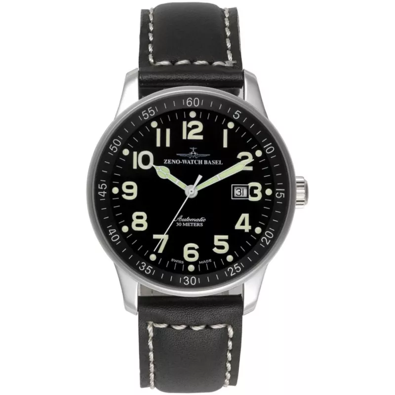 P554-a1 Швейцарський годинник Zeno-Watch Basel XLarge, Auto, black dial, date, black leather strap