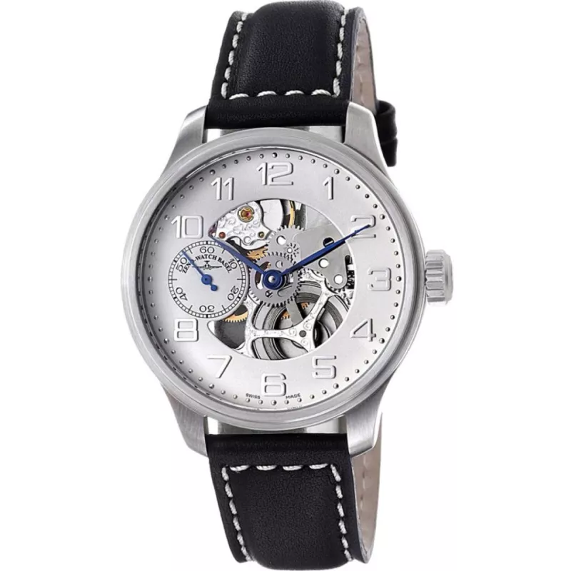 8558S-e2 Швейцарський годинник Zeno-Watch Basel Mech, Skeleton, white dial, chromed fig, bk leather strap