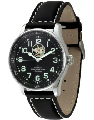 P554U-a1 Швейцарський годинник Zeno-Watch Basel XLarge, Auto, Open Heart, bk dial, black leather strap