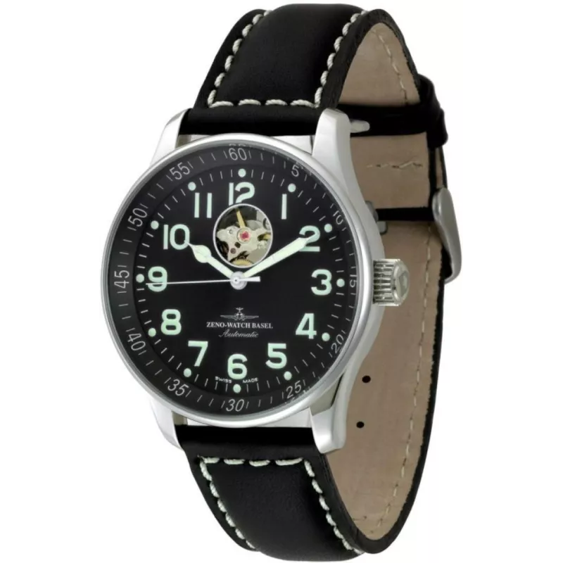 P554U-a1 Швейцарський годинник Zeno-Watch Basel XLarge, Auto, Open Heart, bk dial, black leather strap