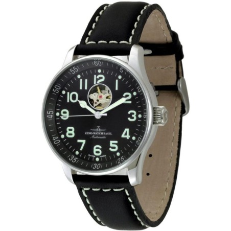 P554U-a1 Швейцарський годинник Zeno-Watch Basel XLarge, Auto, Open Heart, bk dial, black leather strap