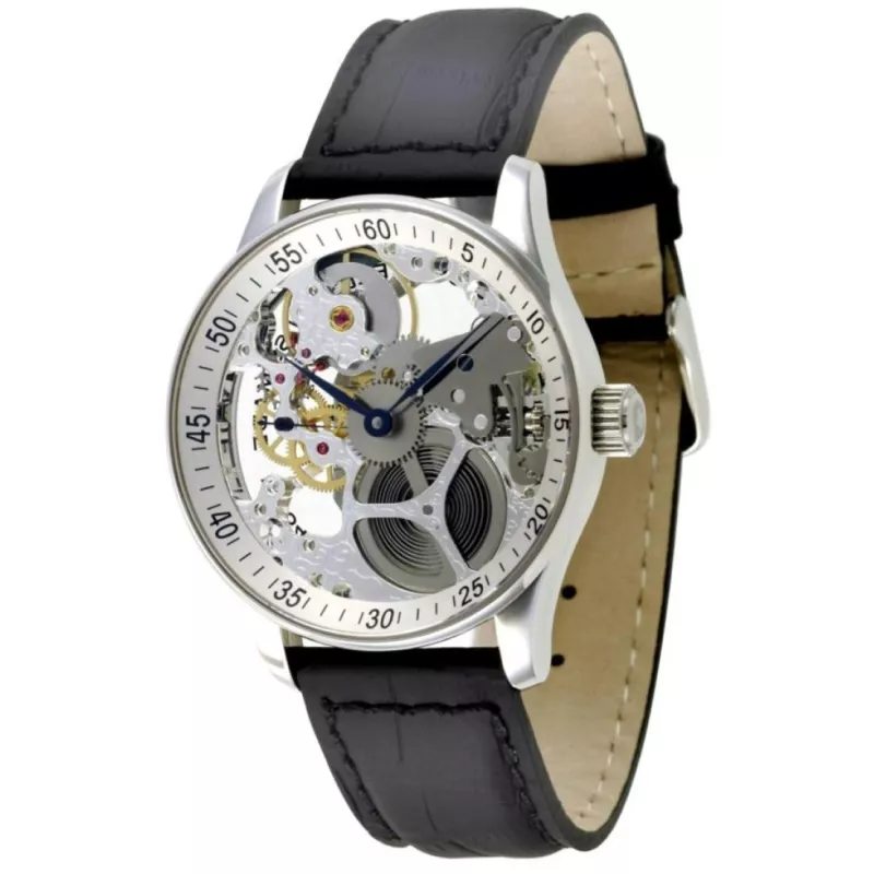 P558-9S-e2 Швейцарський годинник Zeno-Watch Basel Mech, Skeleton, white dial, chromed fig, bk leather strap