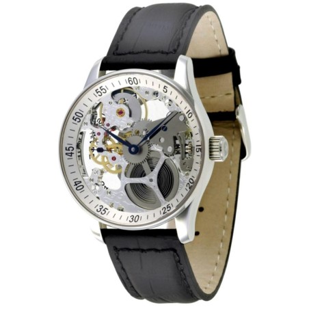 P558-9S-e2 Швейцарський годинник Zeno-Watch Basel Mech, Skeleton, white dial, chromed fig, bk leather strap
