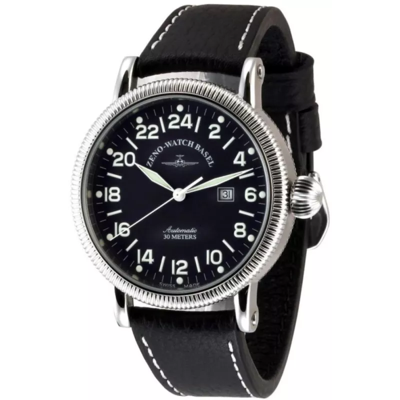 88074-24-a1 Швейцарський годинник Zeno-Watch Basel XL Nostalgia, Auto, 24H, bk dial, date, bk leather strap