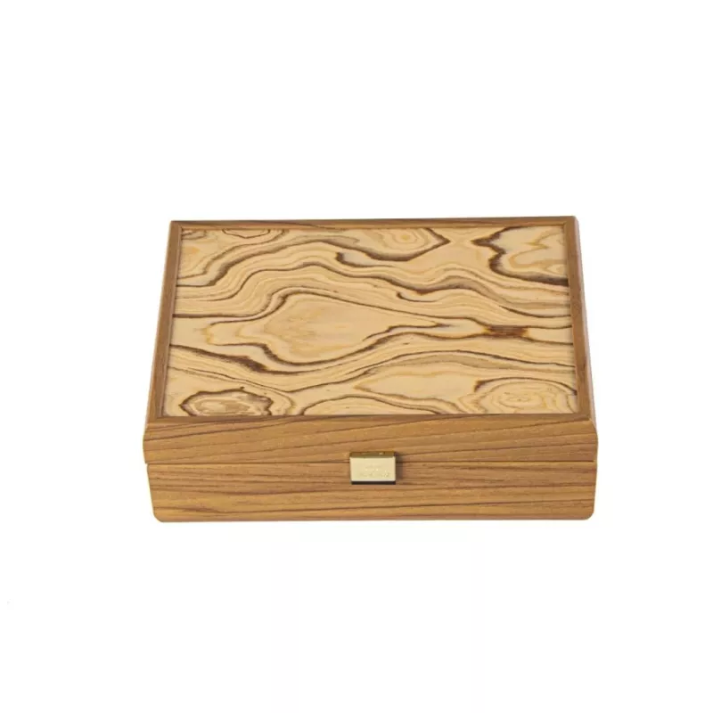 BO.VE30A Manopoulos Walnut Wooden Box with natural Italian Olive Burl top 24x17x8cm