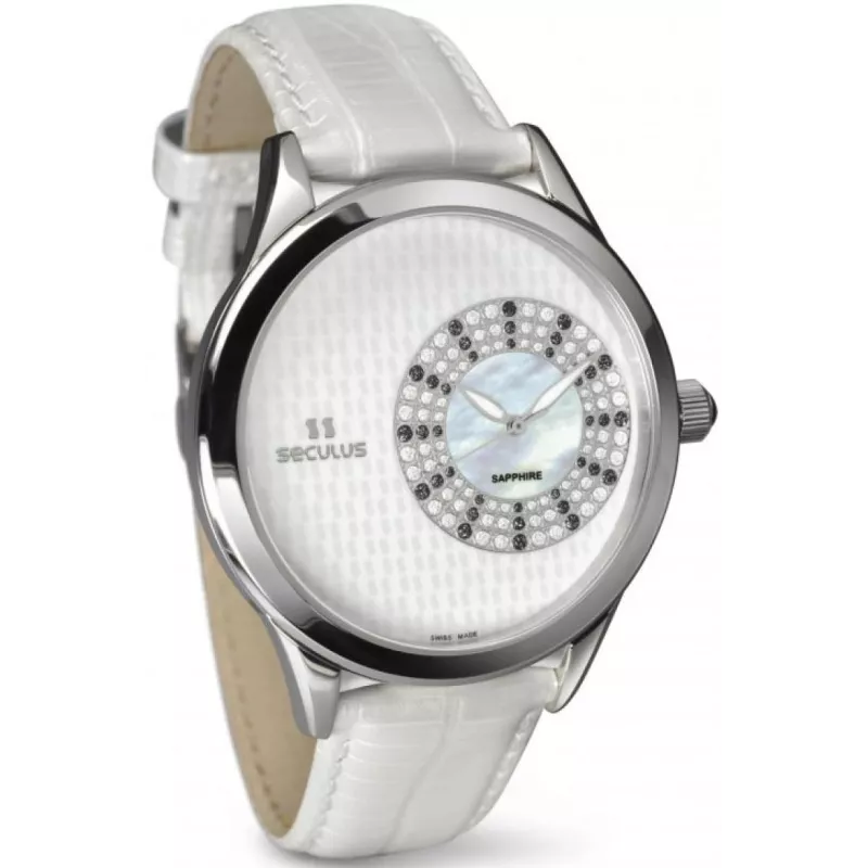 1672-2-1063 white mop, ss crown onyx, white leather Швейцарський годинник Seculus