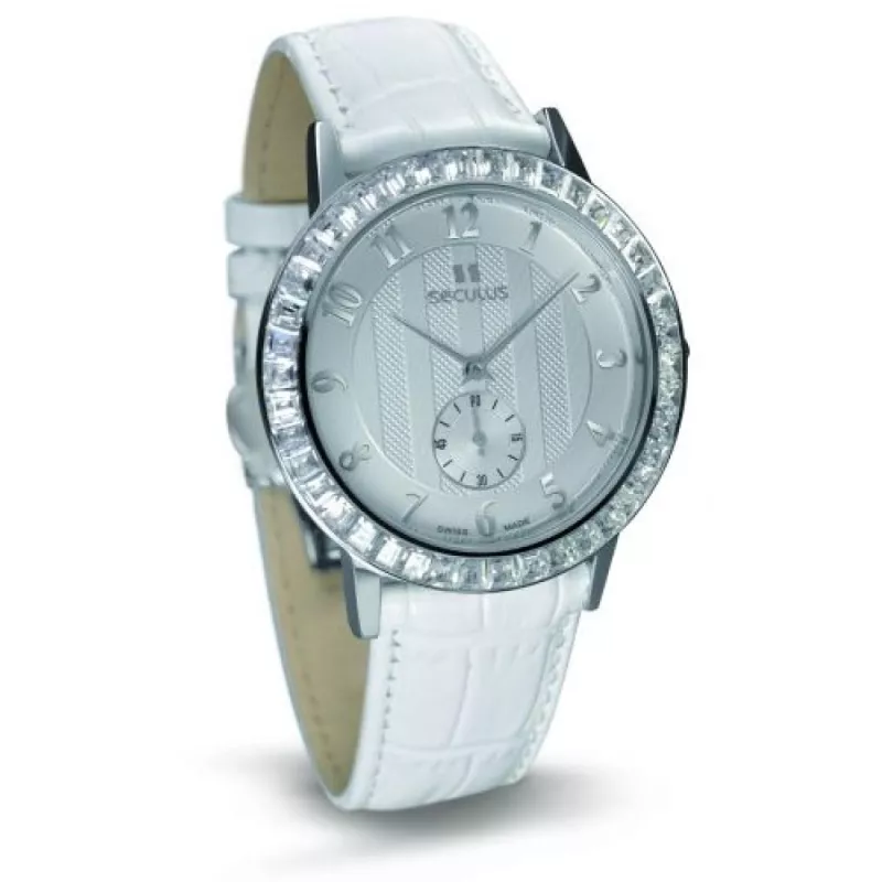 1675-2-1069 white, ss cz stones, white leather Швейцарський годинник Seculus