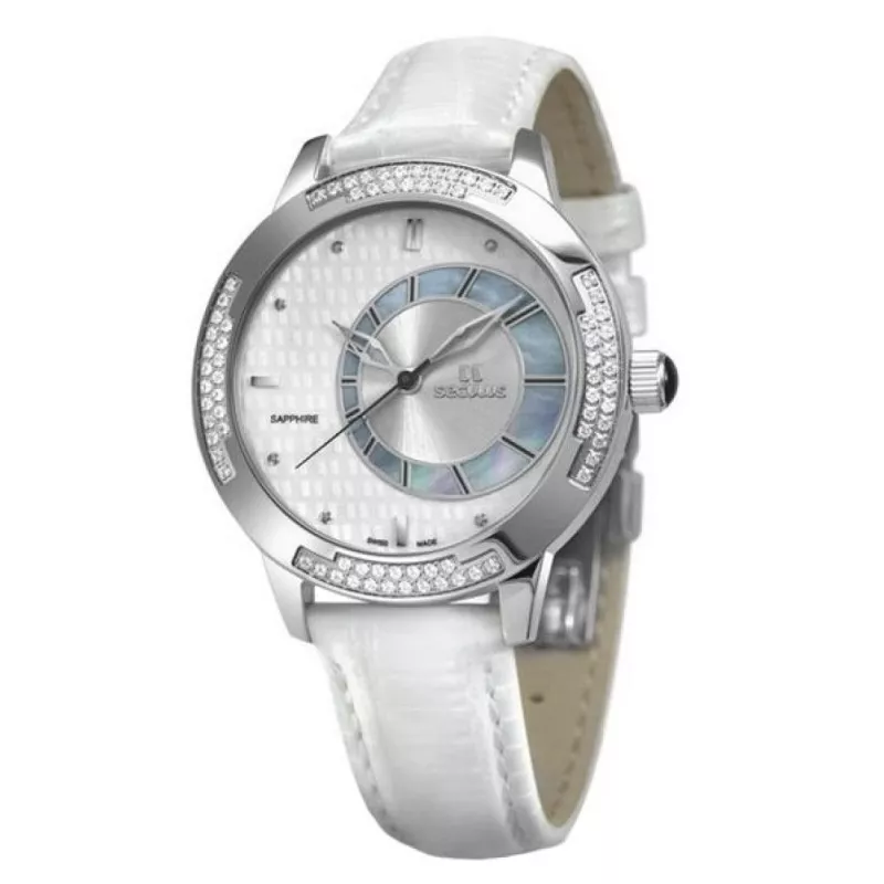 1671-2-1063 white mop, ss cz stones, white leather Швейцарський годинник Seculus