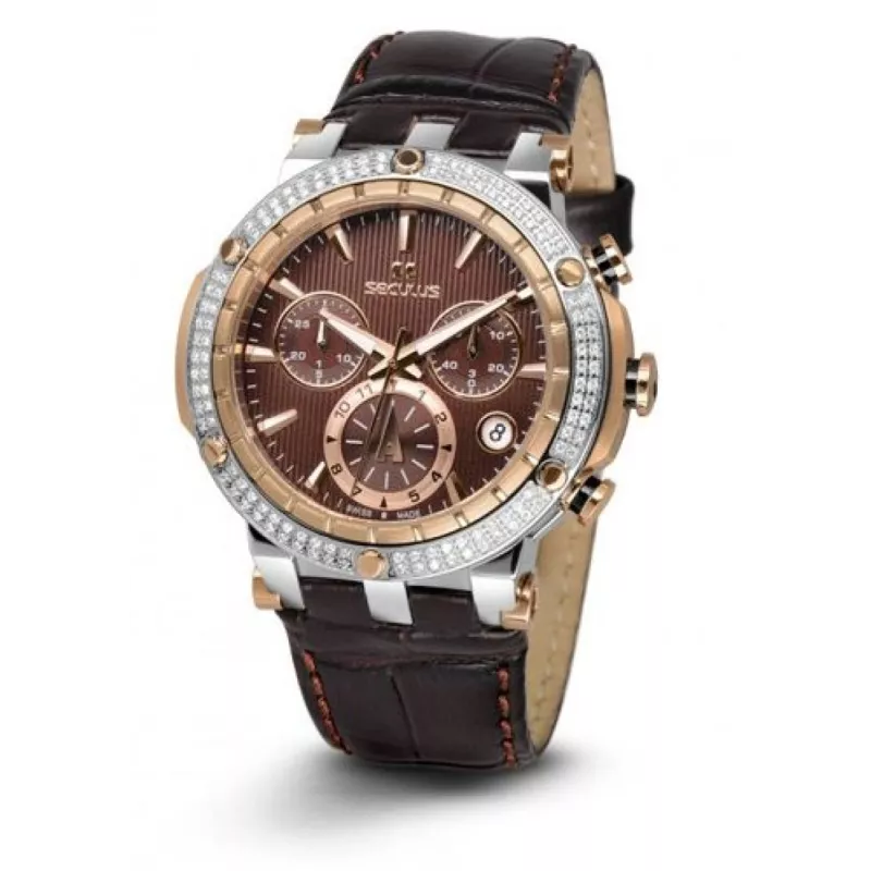 1682-2-503 brown, ss-r with stones, brown leather Швейцарський годинник Seculus