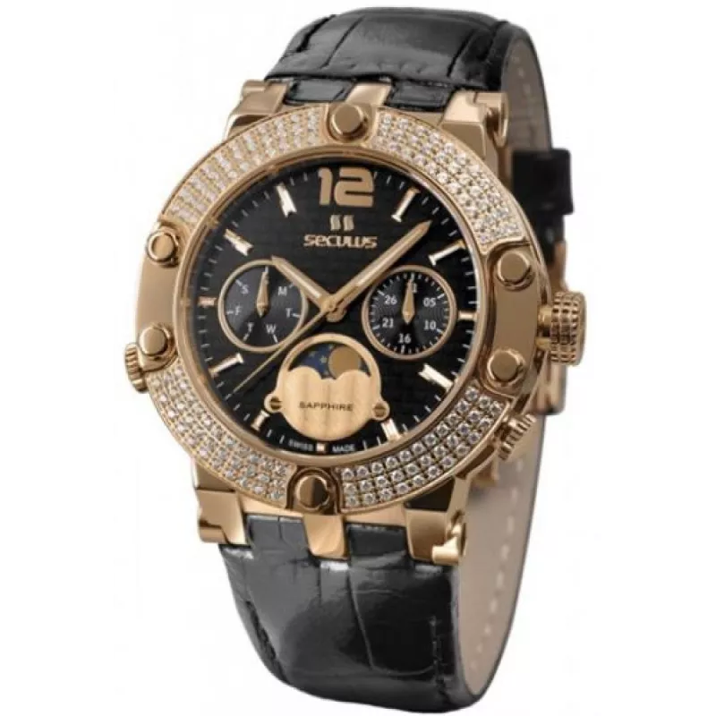 1690-5-706 black, pvd-r with stones, black leather Швейцарський годинник Seculus