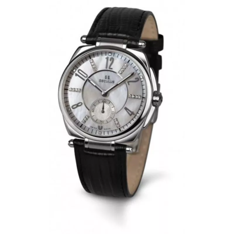 1700-8-1069 white-mop-cz, ss, black leather Швейцарський годинник Seculus