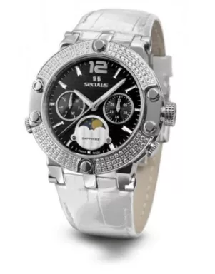 1690-5-706 black, ss with stones, white leather Швейцарський годинник Seculus