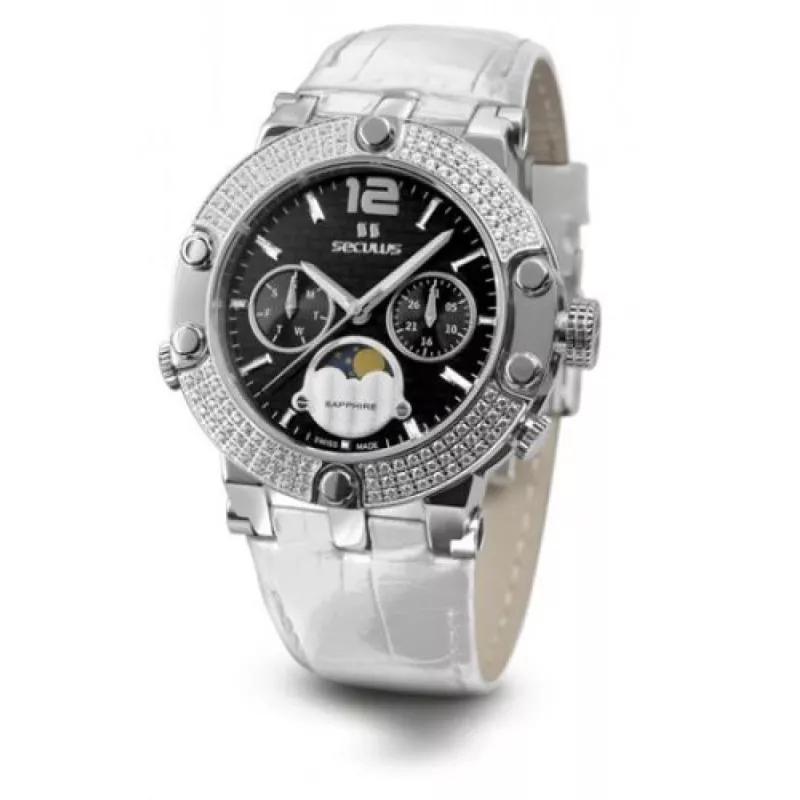 1690-5-706 black, ss with stones, white leather Швейцарський годинник Seculus