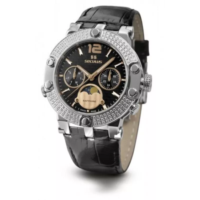 1690-5-706 black-rose, ss with stones, black leather Швейцарський годинник Seculus