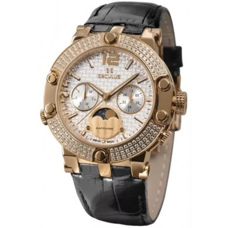 1690-5-706 white, pvd-r with stones, black leather Швейцарський годинник Seculus