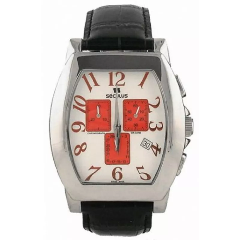 4469-1-816 ss case, white with red eyes dial, black leather Швейцарський годинник Seculus