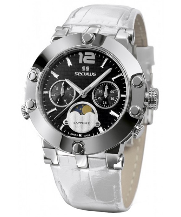 Часы Seculus 1690.5.706 black, ss, white leather
