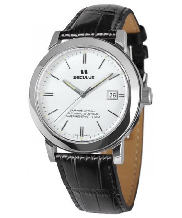Часы Seculus 9524.1.2824 white, ss, black leather